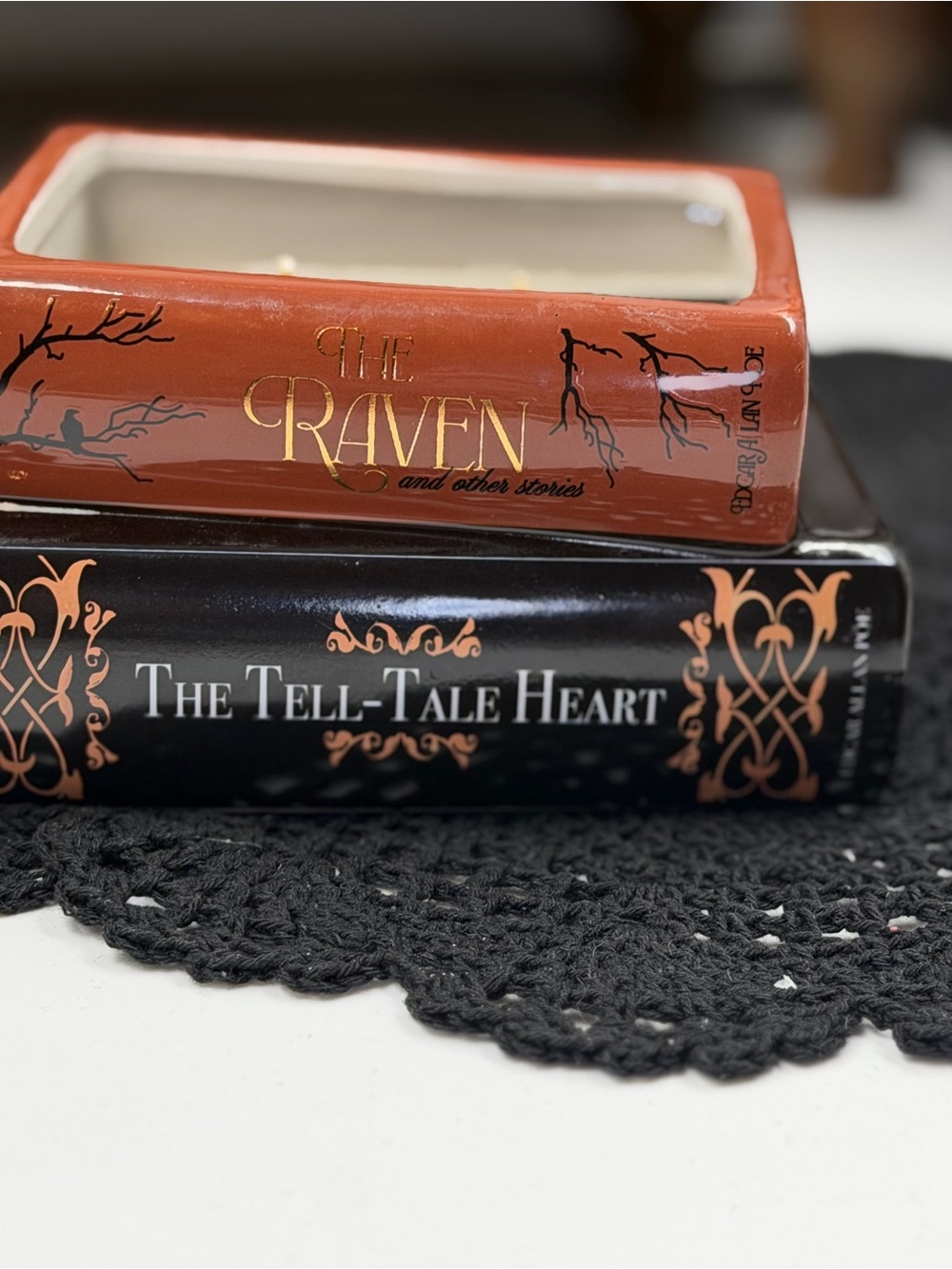 new edgar allan poe pumpkin spice ceramic book candle halloween gothic decor